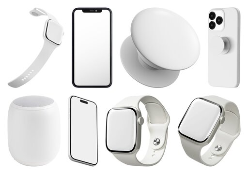 Modern white tech gadgets collection elements isolated on white