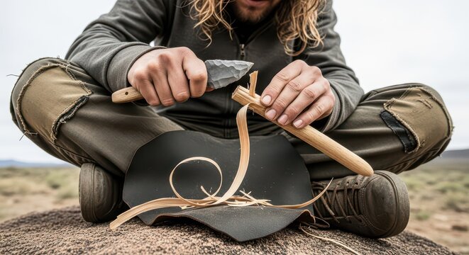Man carefully carves a wooden stick using a traditional flint stone tool while sitting outdoors.
