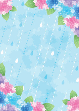 梅雨背景、縦、かわいい、あじさい、雨、対角囲み