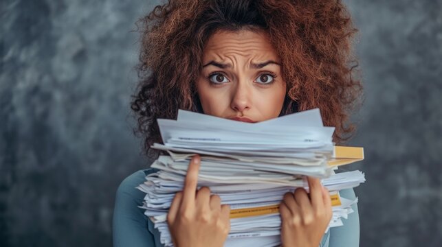 Close-up of stressed woman clutching a stack of bills and documents, anxious expression, minimalist gray background 