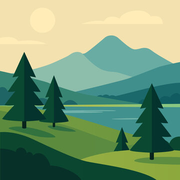 Flat design landscape illustration of a lake surrounded by green hills and pine trees with a backdrop of teal mountains under a sun and light clouds in a beige sky.