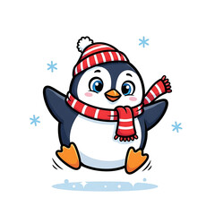 Naklejka premium Cartoon vector illustration of a happy snowman with a Christmas tree and a gift box featuring a cute penguin and Santa Claus in a cold winter snow holiday celebration
