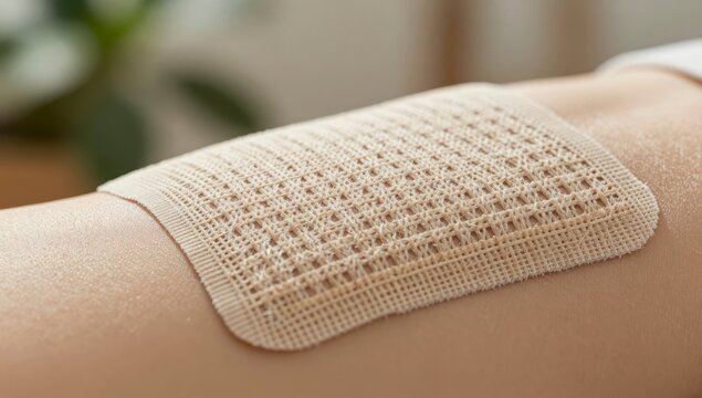 Close up of textured fabric medical patch applied to human skin for treatment or protection