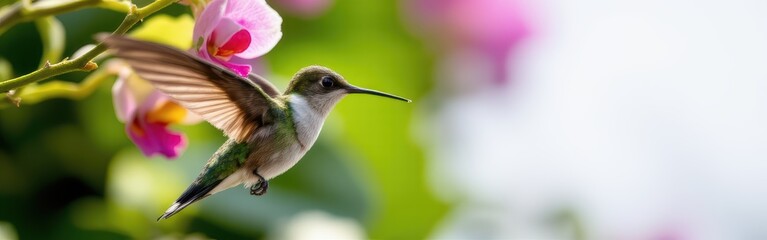 Fototapeta premium Hummingbird feeding on pink flower with green blurred background.