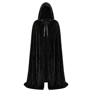 Long black velvet hooded cloak isolated on black