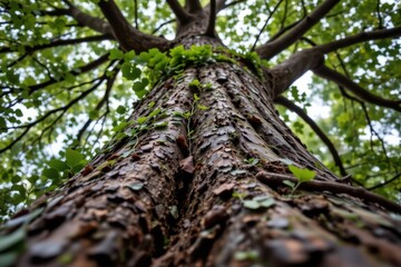 Fototapeta premium Upward view of a textured tree trunk with green leaves and branches extending outward.