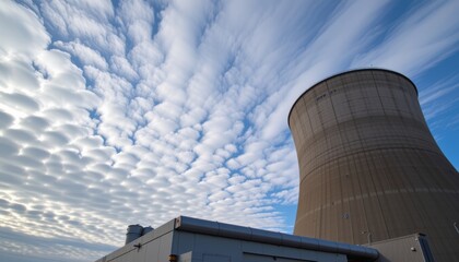 Fototapeta premium Cooling tower under a dramatic blue sky with scattered textured clouds.