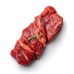 Obraz premium Fresh Raw Meat Slice with Green Herbs on White Background for Culinary and Cooking Purposes