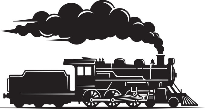 Vintage steam locomotive, black silhouette, train icon, railway vehicle