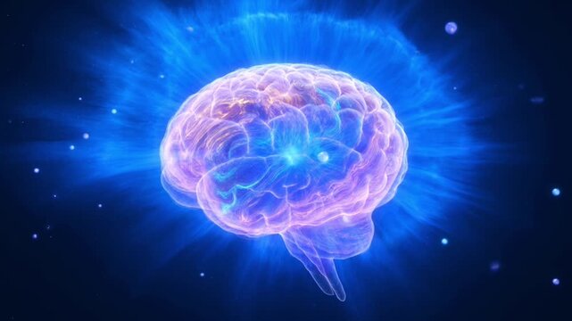 Transparent glowing brain with blue aura and soft light waves