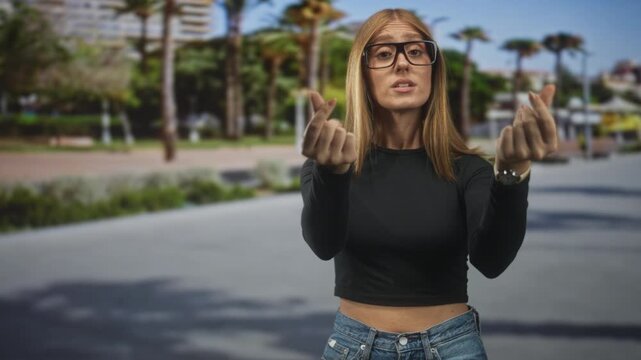 Woman beckons with fingers and open hand on street, wearing glasses and crop top with jeans and watch; insistent invitation.