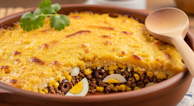 Pastel de choclo is a hearty corn pie dish served in a rustic clay bowl with a wooden spoon on the side.