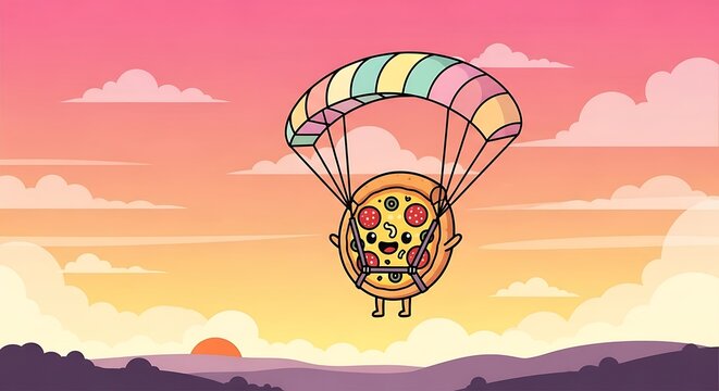 A cartoon pizza slice with a smiling face floats with a colorful parachute against a sunset backdrop