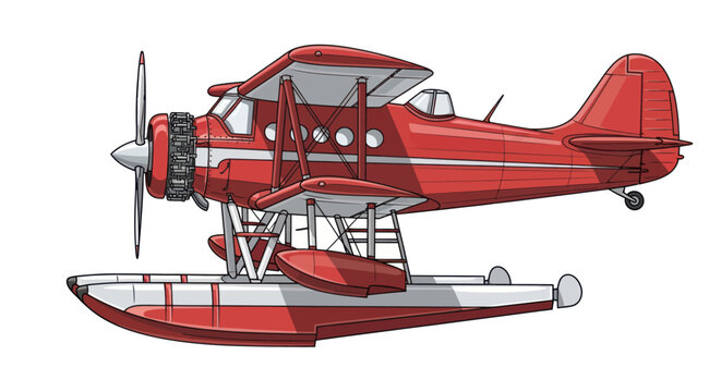 Red Vintage Seaplane on Floats Illustration.