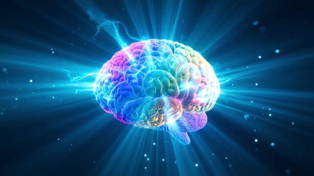 Glowing human brain with radiant energy waves in dark background