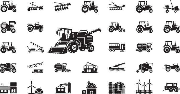 Agricultural Tractors and Farm Equipment Icons Set