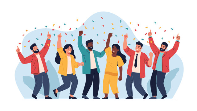 Diverse group of happy people celebrates success and joy while dancing together amidst colorful falling party confetti.