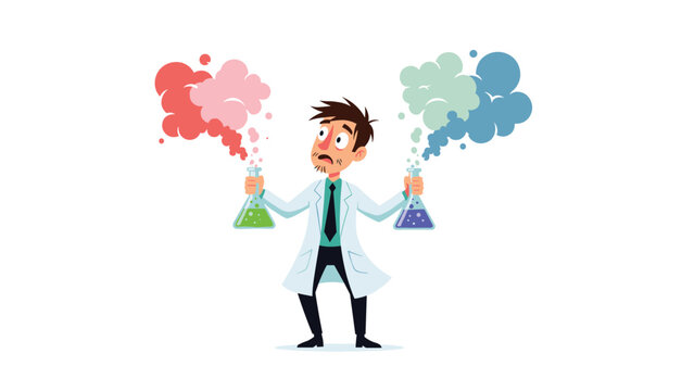 Nervous male scientist experiences a laboratory chemical reaction failure while holding smoking flasks of green and blue liquids.