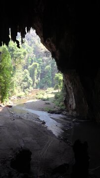 Entrance in exotic cave surrounded by tropical forest, flowing stream and thousands of bats flying inside. Thum Lod Cave in national park of Northern Thailand, popular sightseeing landmark for tourist