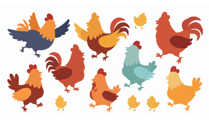Cute chicken and hen collection flat cartoon vector farm birds playful illustration set © abdul