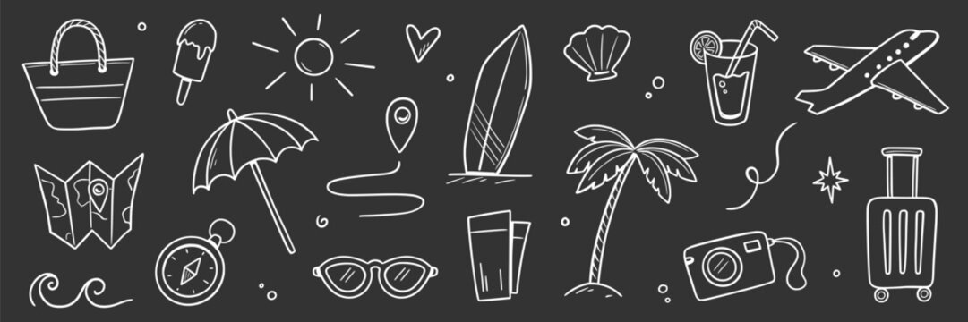 Chalk summer travel doodle icon set. Hand drawn chalkboard vacation holiday beach trip sketch on blackboard. Cute doodle sunglasses palm ice cream suitcase sun adventure. Vector illustration