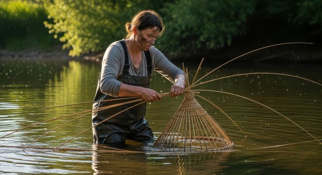 Woman wearing waders constructs a traditional woven fish trap while standing in a shallow river.