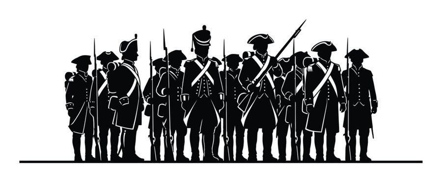 Silhouette illustration of a group of revolutionary war soldiers standing in formation