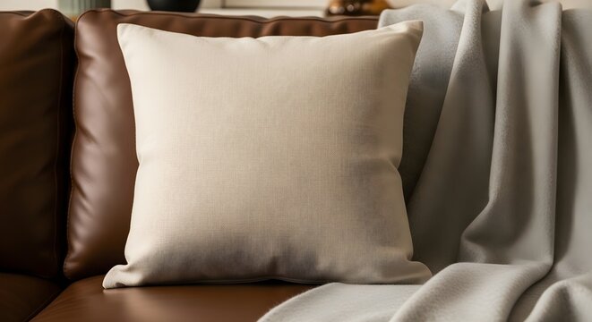 A soft textured cream pillow sits comfortably on a luxurious brown leather sofa, complemented by a cozy light grey throw blanket, creating an inviting and warm atmosphere in a modern living room or co