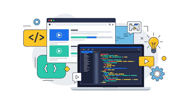 Coding in Action: A dynamic illustration showing a coding interface with a screen, symbolizing innovation, technology, and learning.