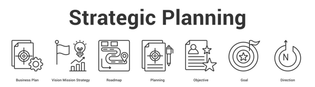 Strategic Planning web banner icon set vector illustration concept for business with icon of Business Plan, Vision Mission Strategy, Roadmap, Planning, Objecti.