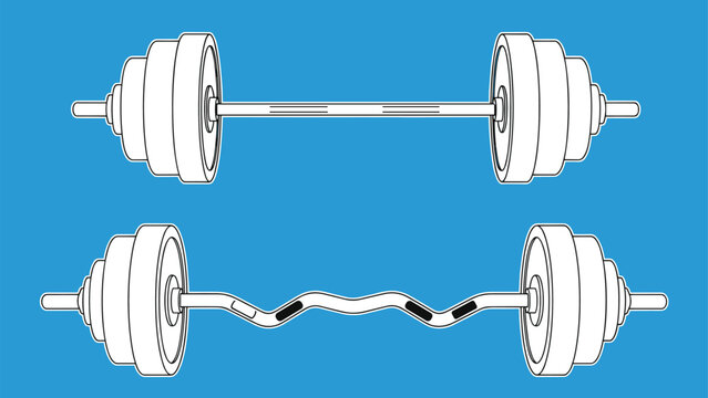 Two types of gym weightlifting bars including a straight barbell and a wavy EZ curl bar with weights against a solid blue background.