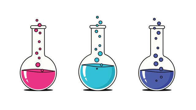 Set of three scientific laboratory flasks containing pink, teal, and blue bubbling liquids for chemistry experiments.