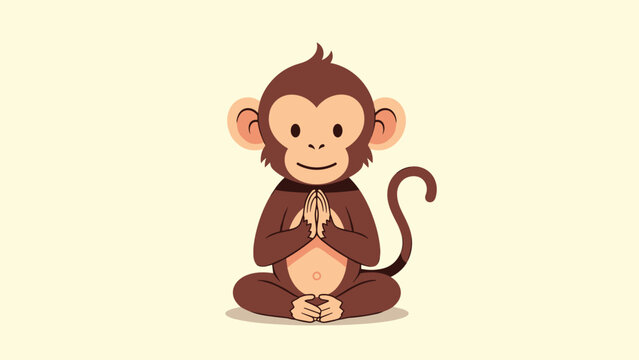 Adorable brown monkey character sitting in a cross-legged position with hands pressed together in a peaceful meditative or praying gesture.