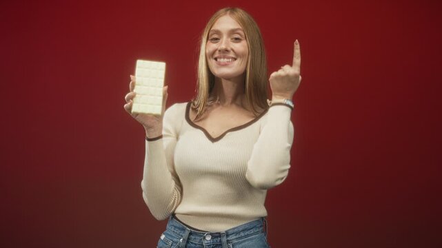 Woman holding white chocolate bar and showing middle finger in studio with red backdrop and denim jeans; playful cheeky fun.