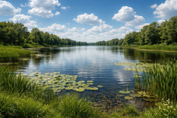 Obraz premium A serene river landscape with lily pads and lush greenery under a blue sky.