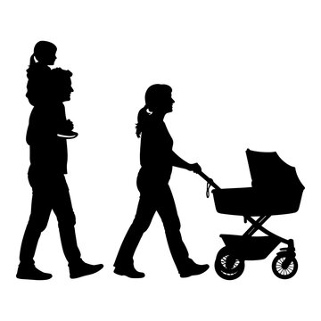 Two adults walking with a baby stroller and carrying a child Vector, illustration