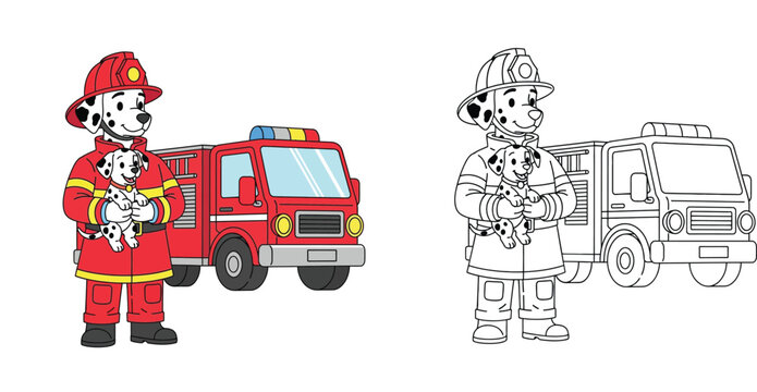 Dalmatian Firefighter Dog with Puppy and Fire Truck Vector Illustration and Coloring Page for Kids