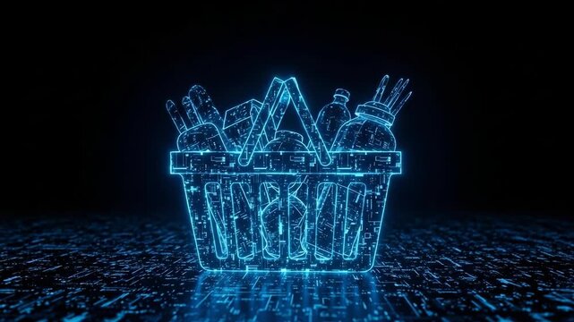 Glowing Digital Shopping Basket Filled With Groceries Online Ordering On Patterned Surface With Black Backdrop For E-commerce Technology Concepts