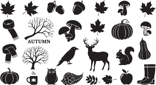 Autumn icons and symbols in black and white