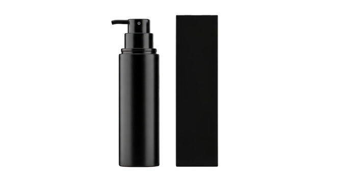 Black spray bottle with matching pump and cap next to a black brush