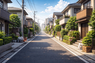 Fototapeta premium A serene residential street lined with houses and greenery under a clear sky.