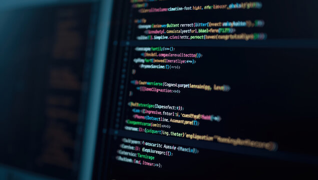 Colorful code editor screen showing blurred programming text and syntax highlighting