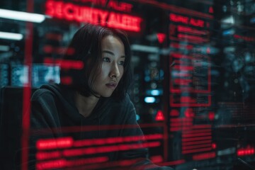 Fototapeta premium Focused southeast asian female cybersecurity analyst working late at night