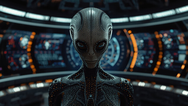 Futuristic alien humanoid with intricate textured skin and glowing control room ambiance