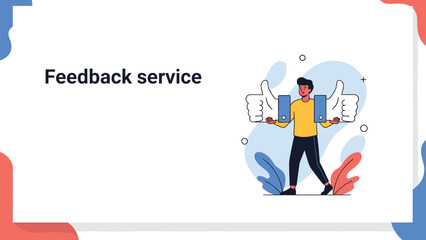 Fototapeta premium Man carrying two giant thumbs up icons in a feedback service illustration promoting customer satisfaction and positive reviews.