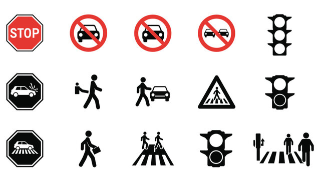 Set of traffic control icons including stop signs no entry pedestrian crossings and signal lights for road safety education.