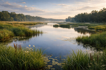 Fototapeta premium Serene river landscape with lush greenery and calm waters at sunrise.