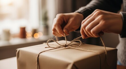 Naklejka premium Person ties a twine bow onto a rustic gift box wrapped in brown paper.