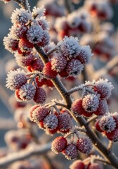 Naklejka premium Red berries are covered in delicate frost on a cold winter morning.