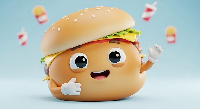 Animated cartoon hamburger with a cheerful expression, raised hand, and thumbs-up gesture. Small fries & drinks are visible
